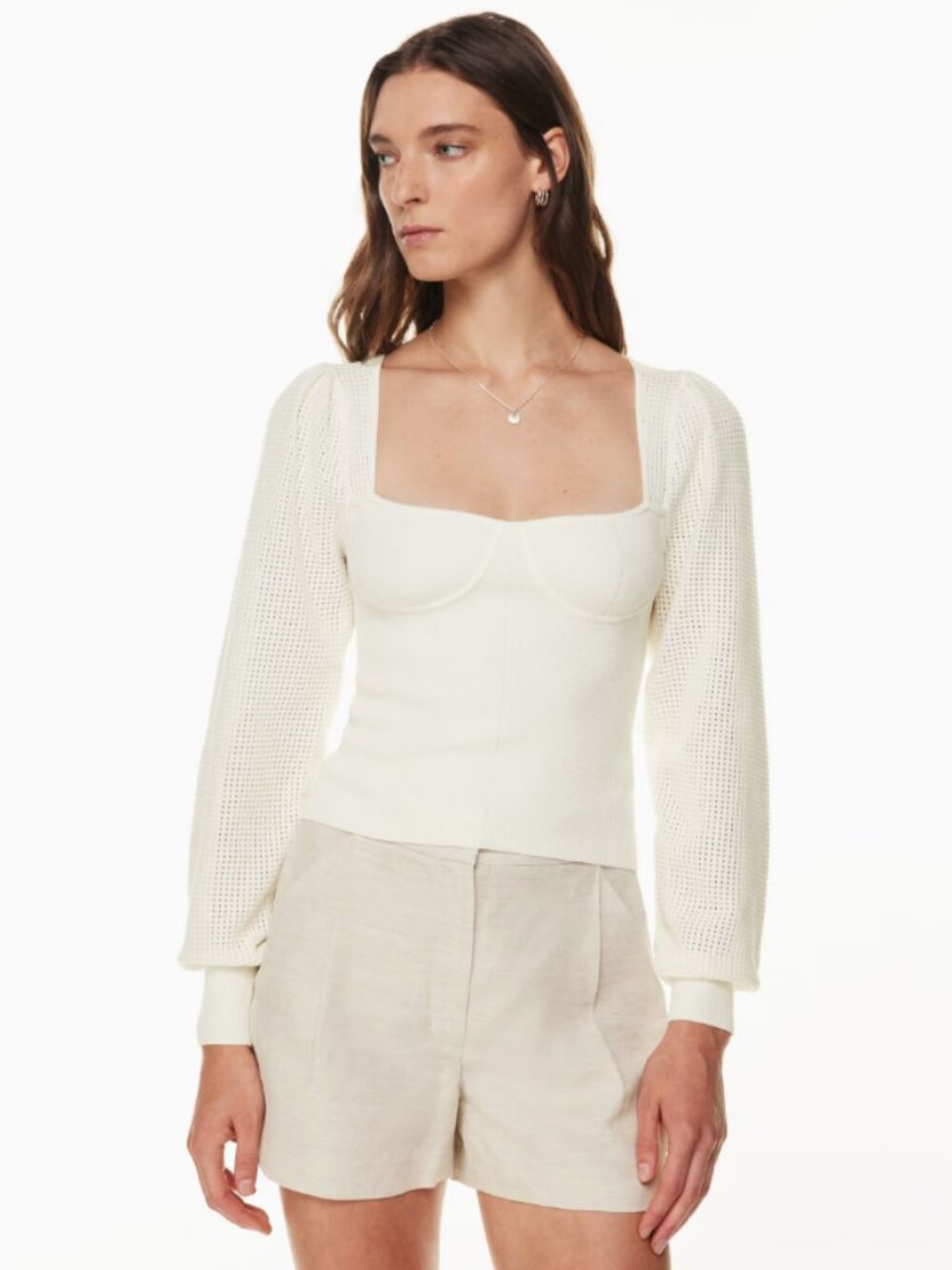 Wilfred Cream Knit Corset-Style Sweater with Puff Sleeves